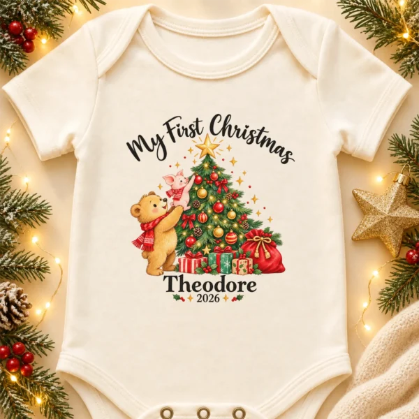 Baby First Christmas Bodysuit with Bear and Piglet, Name and Year — alternate product mockup baby first Christmas bodysuit with bear and piglet baby bodysuit product photo