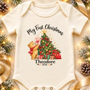 baby first Christmas bodysuit with bear and piglet baby bodysuit