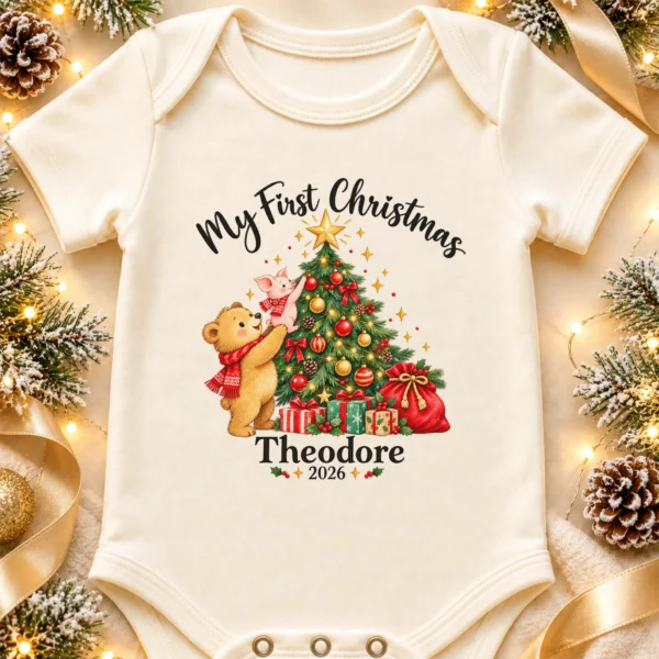 baby first Christmas bodysuit with bear and piglet baby bodysuit