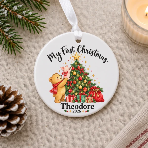 Baby First Christmas Ornament with Bear and Piglet, Name and Year — alternate product mockup baby first Christmas ornament product image product photo