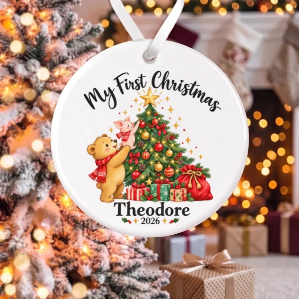 Baby First Christmas Ornament with Bear and Piglet, Name and Year — alternate product mockup baby first Christmas ornament product image lifestyle scene