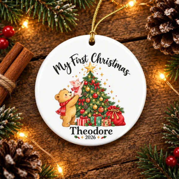Baby First Christmas Ornament with Bear and Piglet, Name and Year — alternate product mockup baby first Christmas ornament product image front view