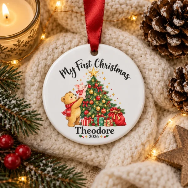 Baby First Christmas Ornament with Bear and Piglet, Name and Year — alternate product mockup baby first Christmas ornament product image product photo