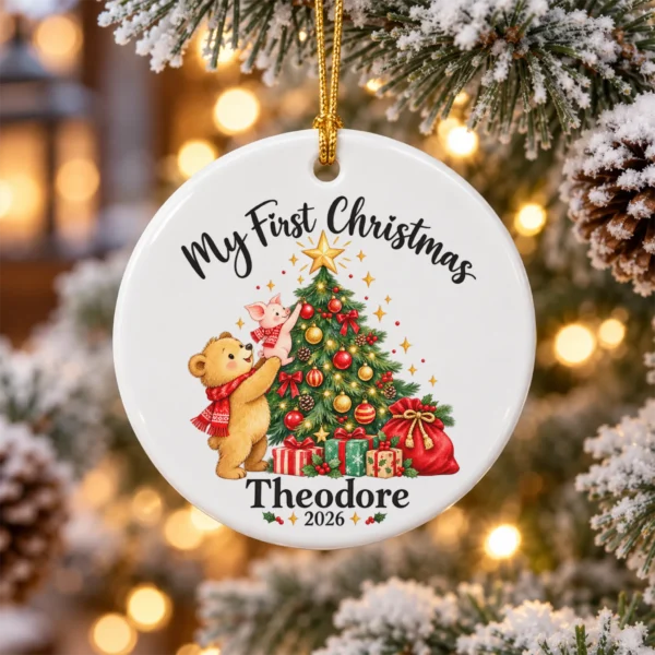 Baby First Christmas Ornament with Bear and Piglet, Name and Year — alternate product mockup baby first Christmas ornament product image mockup view