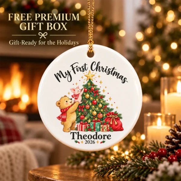 Baby First Christmas Ornament with Bear and Piglet, Name and Year — alternate product mockup baby first Christmas ornament product image product photo