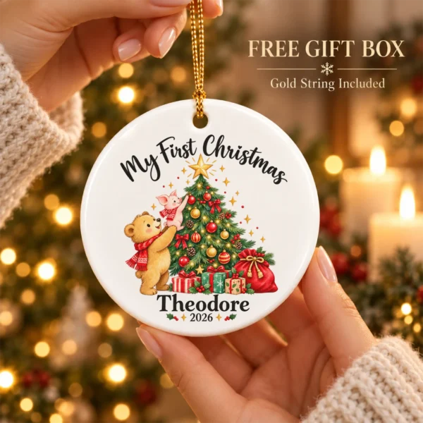 Baby First Christmas Ornament with Bear and Piglet, Name and Year — alternate product mockup baby first Christmas ornament product image product photo