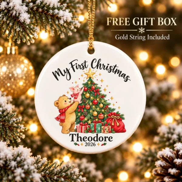 Baby First Christmas Ornament with Bear and Piglet, Name and Year — alternate product mockup baby first Christmas ornament product image product photo