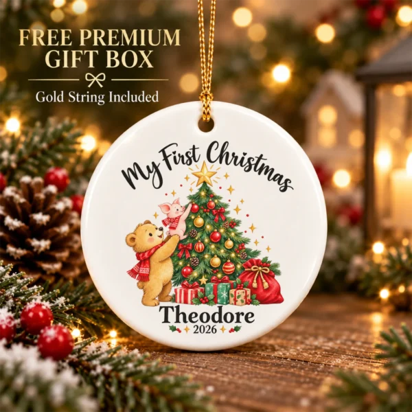 Baby First Christmas Ornament with Bear and Piglet, Name and Year — alternate product mockup baby first Christmas ornament product image product detail