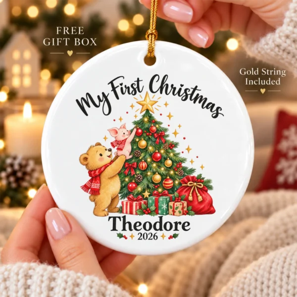 Baby First Christmas Ornament with Bear and Piglet, Name and Year — alternate product mockup baby first Christmas ornament product image product photo