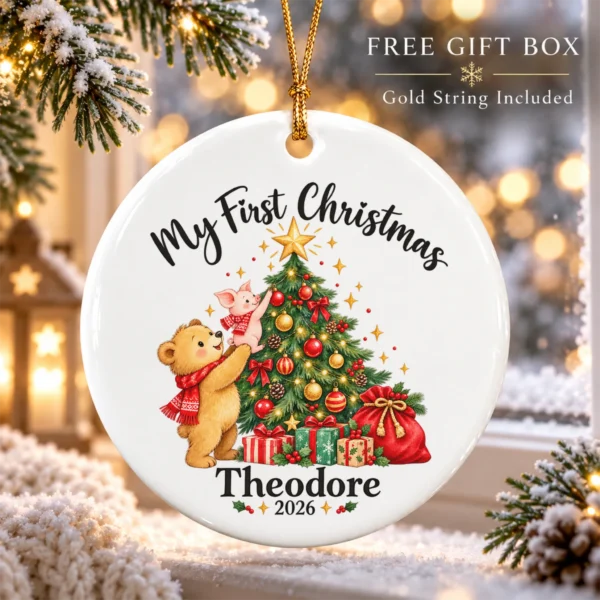 Baby First Christmas Ornament with Bear and Piglet, Name and Year — alternate product mockup baby first Christmas ornament product image styled product photo