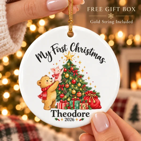Baby First Christmas Ornament with Bear and Piglet, Name and Year — alternate product mockup baby first Christmas ornament product image alternate angle