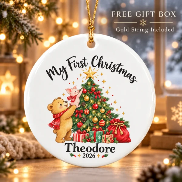 Baby First Christmas Ornament with Bear and Piglet, Name and Year — alternate product mockup baby first Christmas ornament product image product photo