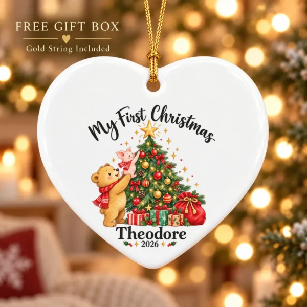 Baby First Christmas Ornament with Bear and Piglet, Name and Year — alternate product mockup baby first Christmas ornament product image product photo