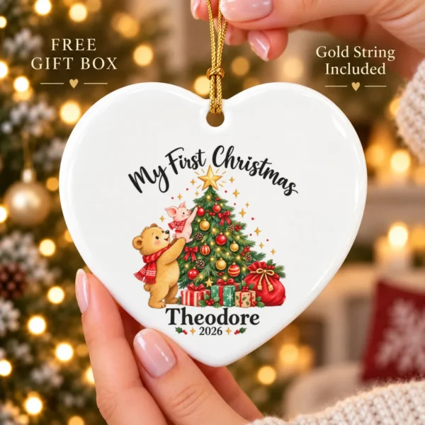 Baby First Christmas Ornament with Bear and Piglet, Name and Year — alternate product mockup baby first Christmas ornament product image close-up detail