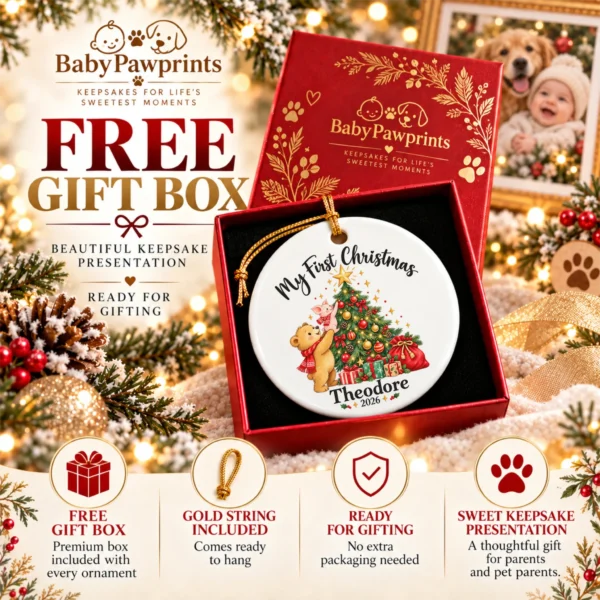 Baby First Christmas Ornament with Bear and Piglet, Name and Year — alternate product mockup baby first Christmas ornament product image product photo