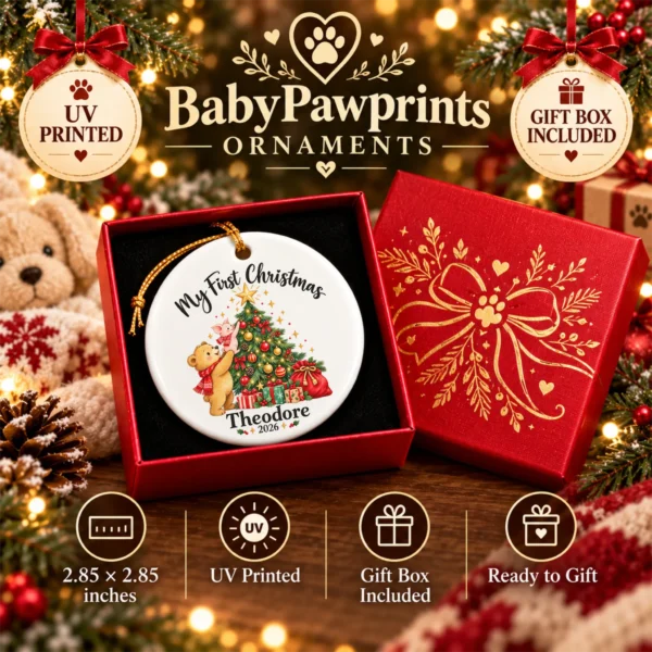 Baby First Christmas Ornament with Bear and Piglet, Name and Year — alternate product mockup baby first Christmas ornament product image product photo