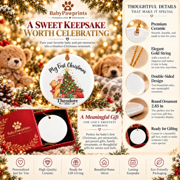 Baby First Christmas Ornament with Bear and Piglet, Name and Year — alternate product mockup baby first Christmas ornament product image product photo