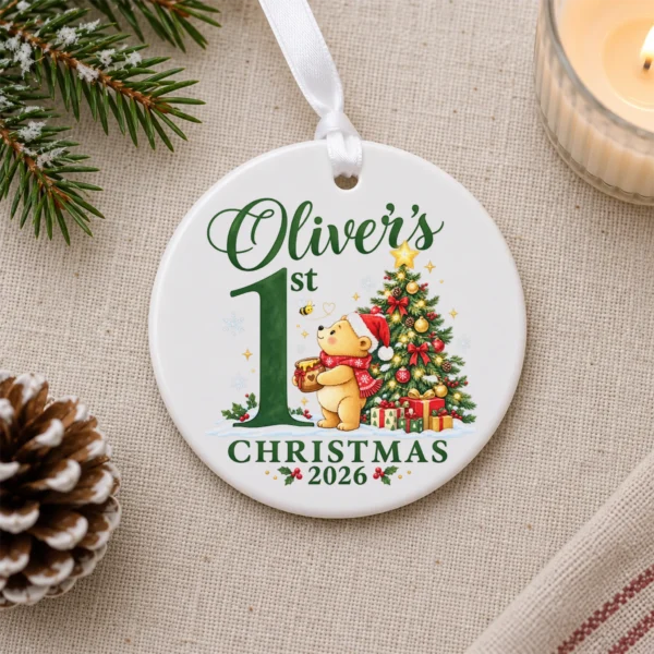 Baby First Christmas Ornament with Honey Bear, Custom Name and Year — alternate product mockup baby first Christmas ornament with honey bear product image product detail