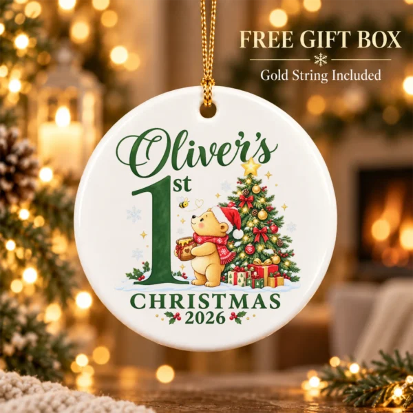 Baby First Christmas Ornament with Honey Bear, Custom Name and Year — alternate product mockup baby first Christmas ornament with honey bear product image product photo