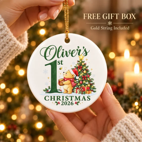 Baby First Christmas Ornament with Honey Bear, Custom Name and Year — alternate product mockup baby first Christmas ornament with honey bear product image product photo