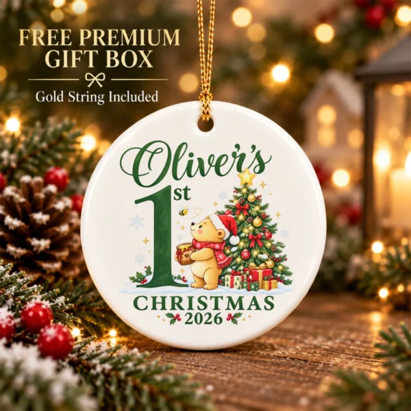 Baby First Christmas Ornament with Honey Bear, Custom Name and Year — alternate product mockup baby first Christmas ornament with honey bear product image product photo