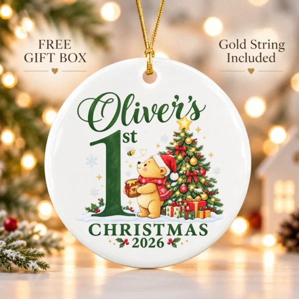 Baby First Christmas Ornament with Honey Bear, Custom Name and Year — alternate product mockup baby first Christmas ornament with honey bear product image product photo