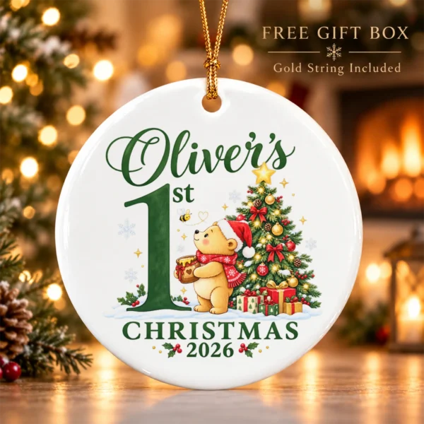 Baby First Christmas Ornament with Honey Bear, Custom Name and Year — alternate product mockup baby first Christmas ornament with honey bear product image lifestyle scene