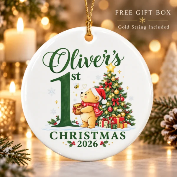 Baby First Christmas Ornament with Honey Bear, Custom Name and Year — alternate product mockup baby first Christmas ornament with honey bear product image product photo