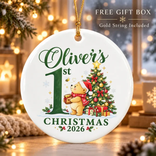 Baby First Christmas Ornament with Honey Bear, Custom Name and Year — alternate product mockup baby first Christmas ornament with honey bear product image product photo