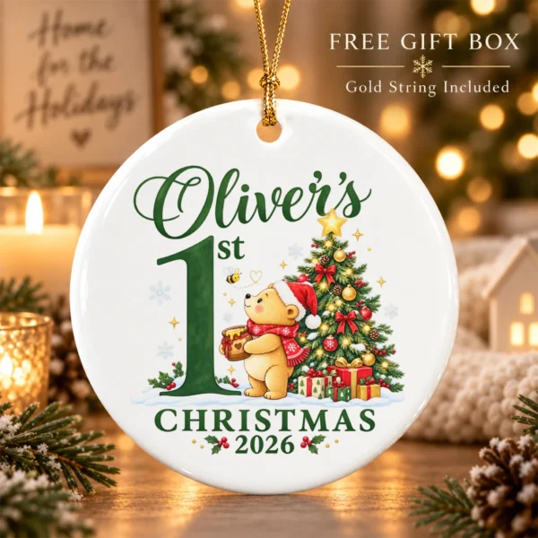 Baby First Christmas Ornament with Honey Bear, Custom Name and Year — alternate product mockup baby first Christmas ornament with honey bear product image product photo