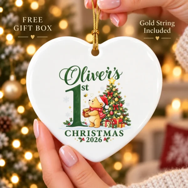 Baby First Christmas Ornament with Honey Bear, Custom Name and Year — alternate product mockup baby first Christmas ornament with honey bear product image styled product photo