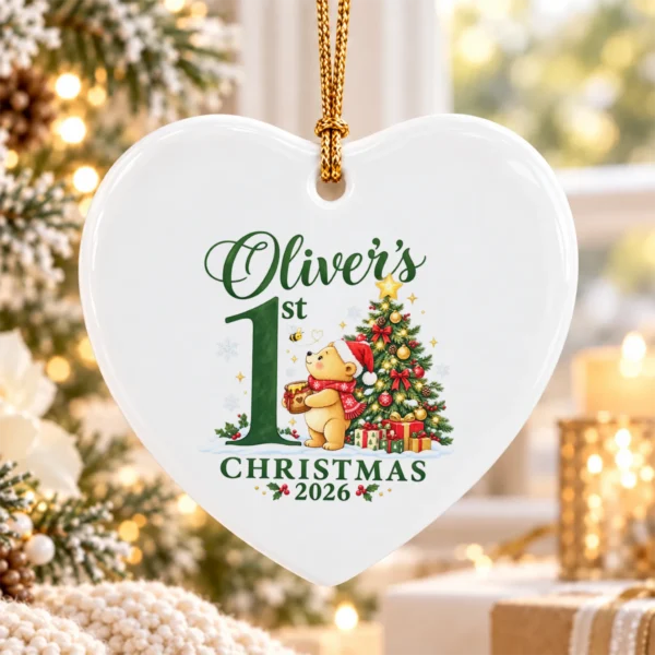 Baby First Christmas Ornament with Honey Bear, Custom Name and Year — alternate product mockup baby first Christmas ornament with honey bear product image product photo