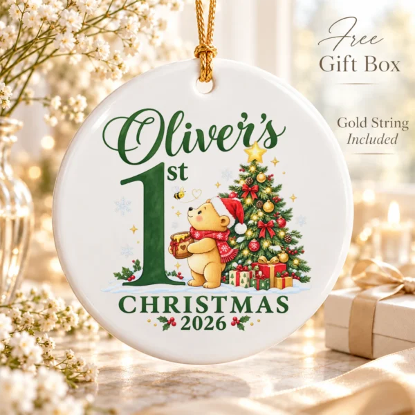 Baby First Christmas Ornament with Honey Bear, Custom Name and Year — alternate product mockup baby first Christmas ornament with honey bear product image product photo