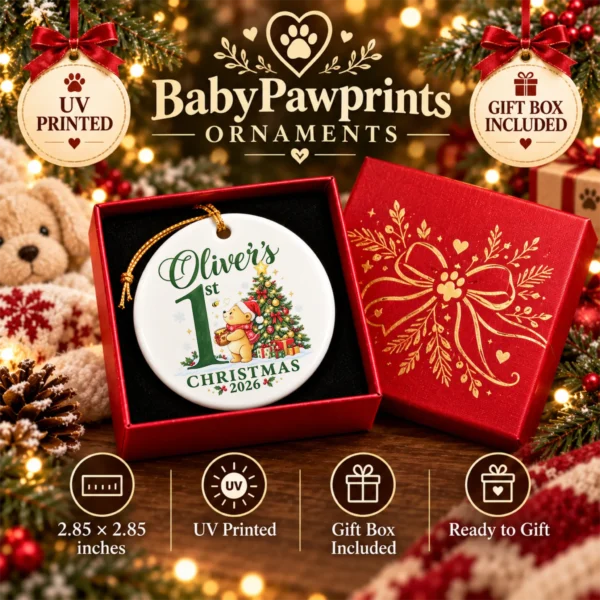 Baby First Christmas Ornament with Honey Bear, Custom Name and Year — alternate product mockup baby first Christmas ornament with honey bear product image alternate angle