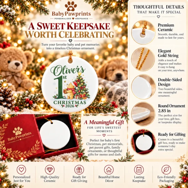 Baby First Christmas Ornament with Honey Bear, Custom Name and Year — alternate product mockup baby first Christmas ornament with honey bear product image mockup view