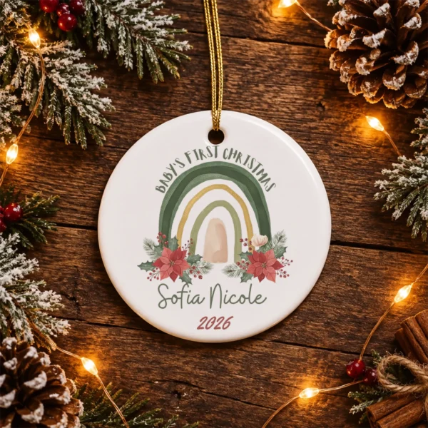 Personalized Baby's First Christmas Rainbow Ornament — alternate product mockup baby's first christmas ornament product image product photo
