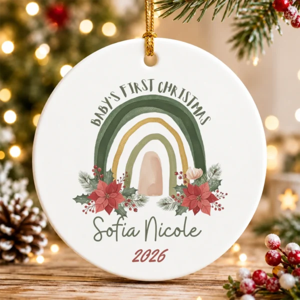 Personalized Baby's First Christmas Rainbow Ornament — alternate product mockup baby's first christmas ornament product image product photo