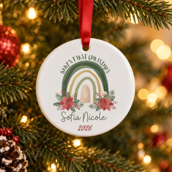 Personalized Baby's First Christmas Rainbow Ornament — alternate product mockup baby's first christmas ornament product image product photo