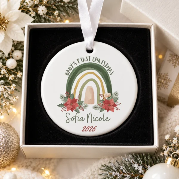 Personalized Baby's First Christmas Rainbow Ornament — alternate product mockup baby's first christmas ornament product image product photo
