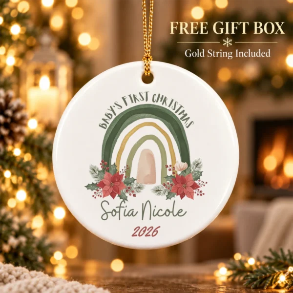Personalized Baby's First Christmas Rainbow Ornament — alternate product mockup baby's first christmas ornament product image product photo