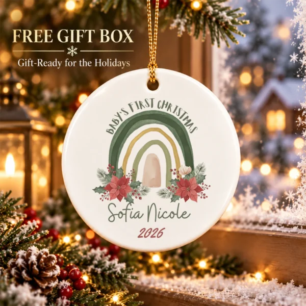 Personalized Baby's First Christmas Rainbow Ornament — alternate product mockup baby's first christmas ornament product image product photo
