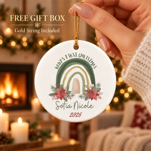 Personalized Baby's First Christmas Rainbow Ornament — alternate product mockup baby's first christmas ornament product image product photo
