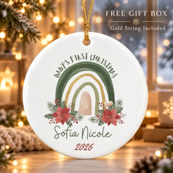 Personalized Baby's First Christmas Rainbow Ornament — alternate product mockup baby's first christmas ornament product image product photo
