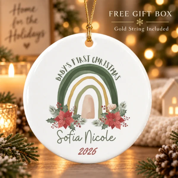 Personalized Baby's First Christmas Rainbow Ornament — alternate product mockup baby's first christmas ornament product image product photo
