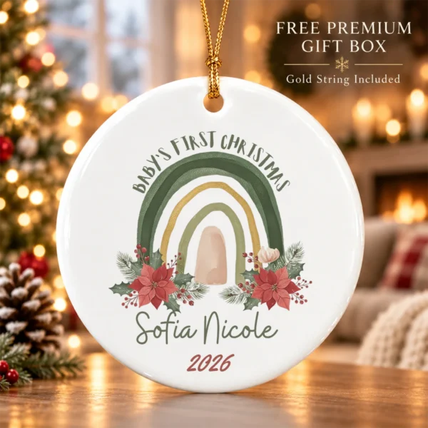 Personalized Baby's First Christmas Rainbow Ornament — alternate product mockup baby's first christmas ornament product image alternate angle