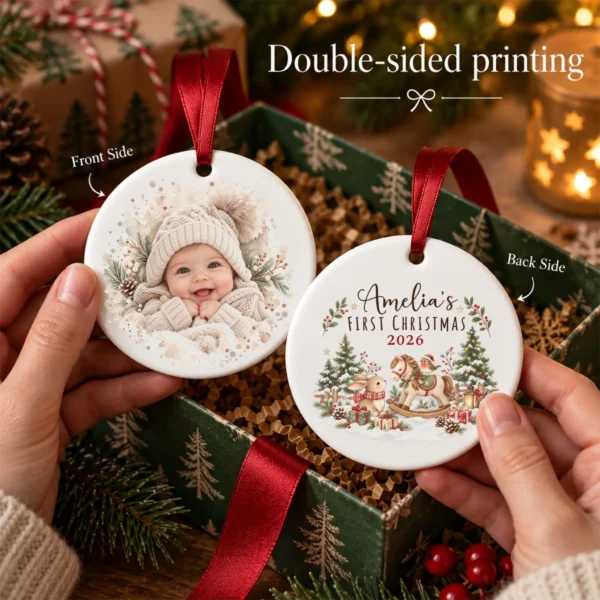 Baby's First Christmas Ornament with Personalized Name and Year — alternate product mockup baby's first christmas ornament with personalized name and year product image product photo
