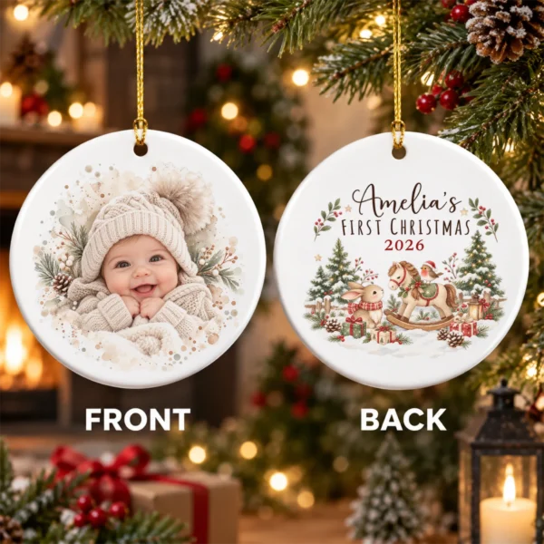 Baby's First Christmas Ornament with Personalized Name and Year — alternate product mockup baby's first christmas ornament with personalized name and year product image product photo
