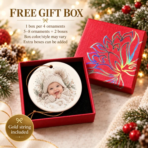 Baby's First Christmas Ornament with Personalized Name and Year — alternate product mockup baby's first christmas ornament with personalized name and year product image packaging view