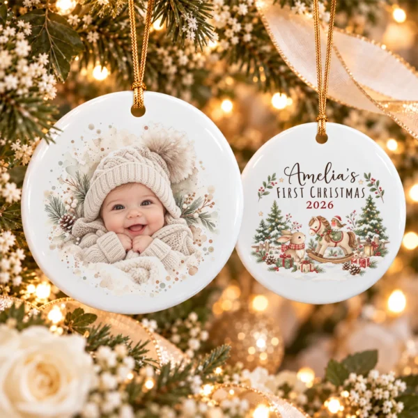 Baby's First Christmas Ornament with Personalized Name and Year — alternate product mockup baby's first christmas ornament with personalized name and year product image close-up detail