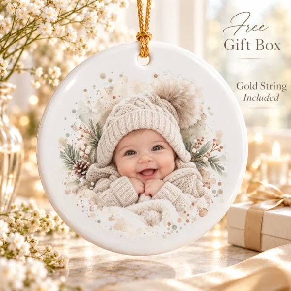 Baby's First Christmas Ornament with Personalized Name and Year — alternate product mockup baby's first christmas ornament with personalized name and year product image styled product photo